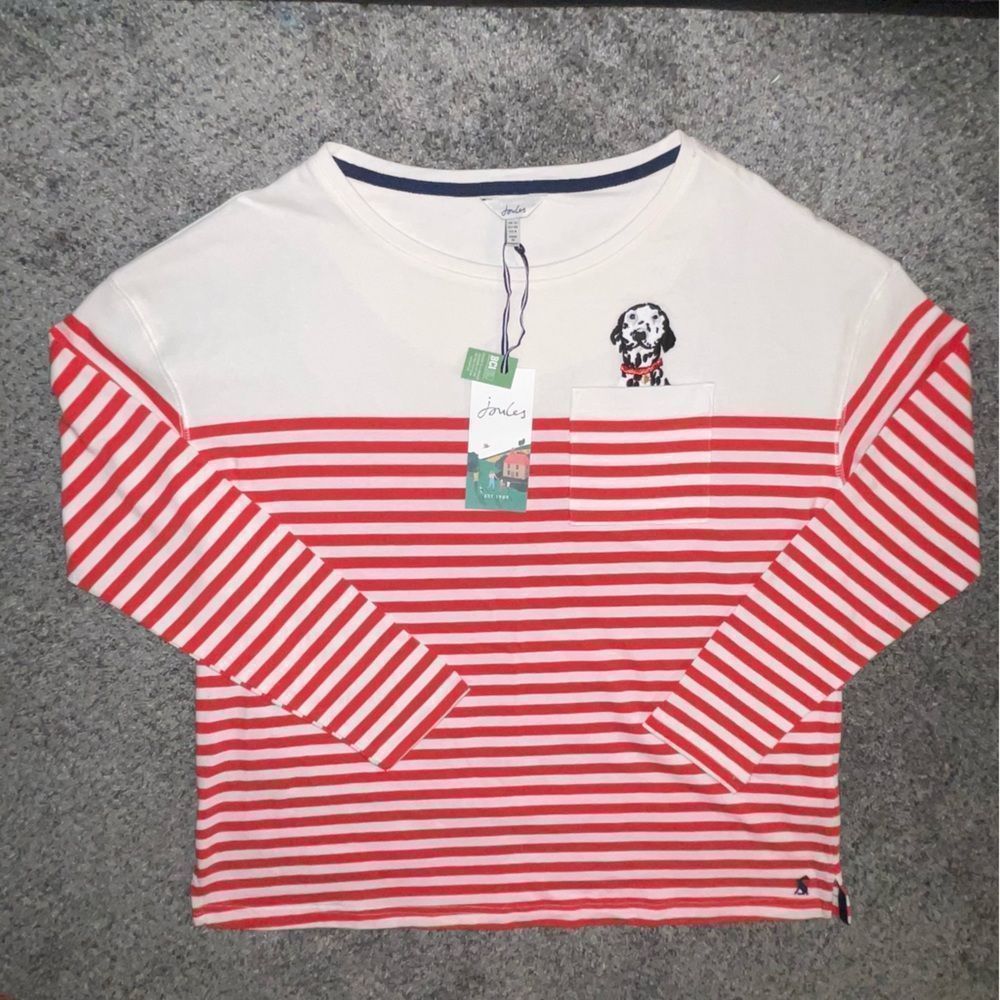 NEW Joules Women thick Top long sleeve shirt white red striped dog blouse size 8 - Picture 9 of 15